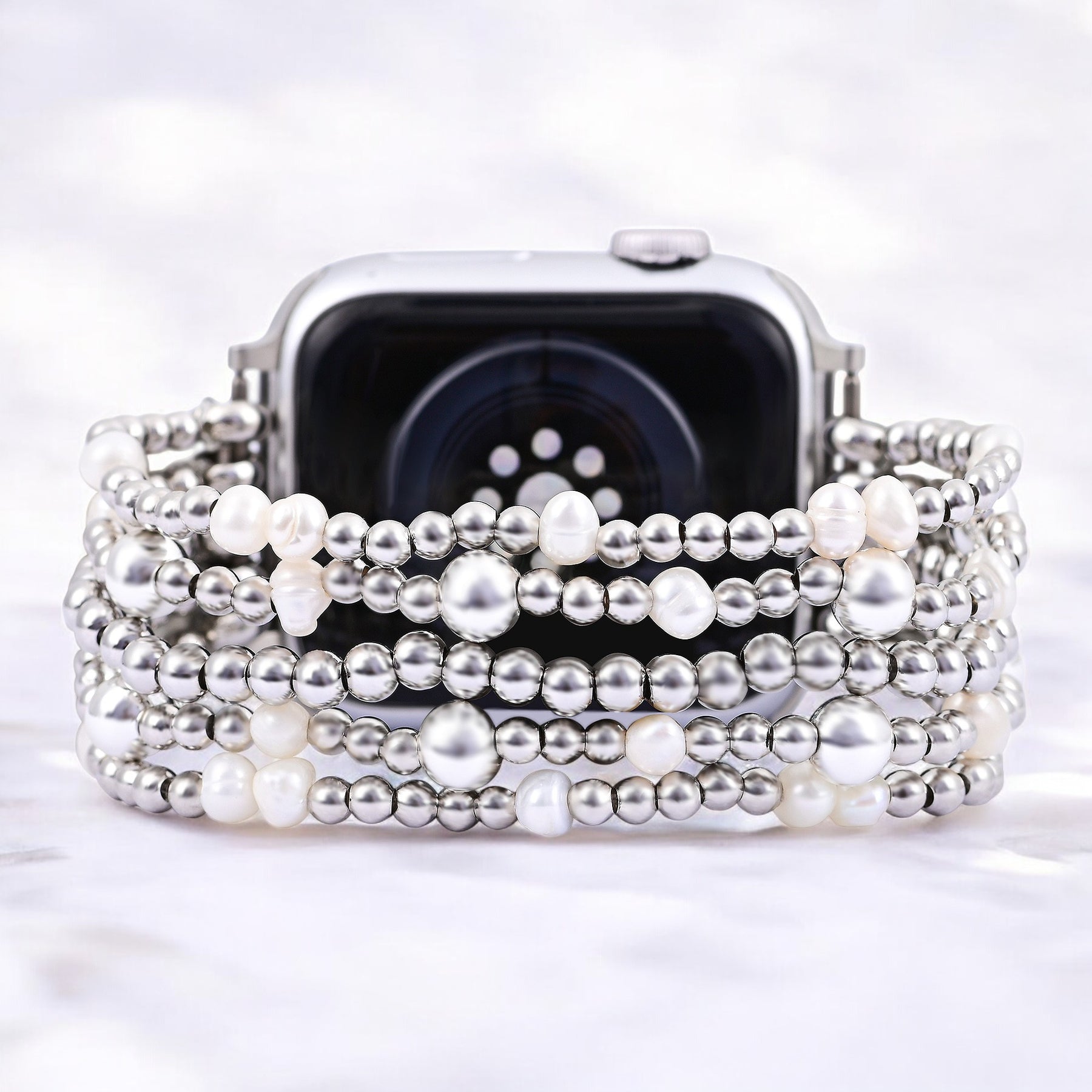 Bracelet Apple Watch extensible en or et en perles