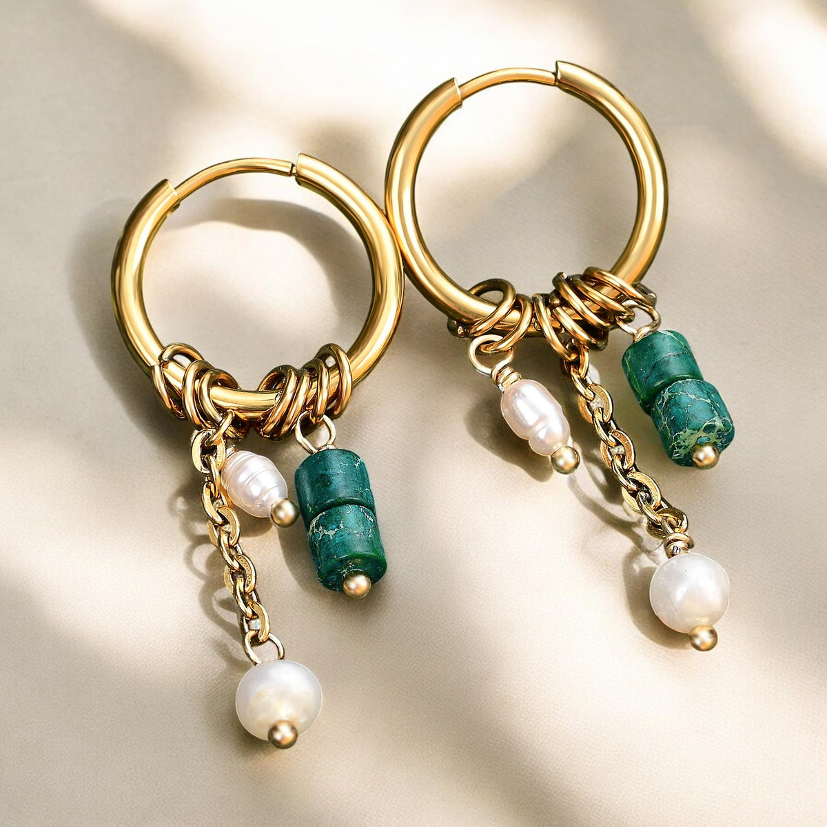 Boucles d'oreilles créoles en perles et agates Golden Grace