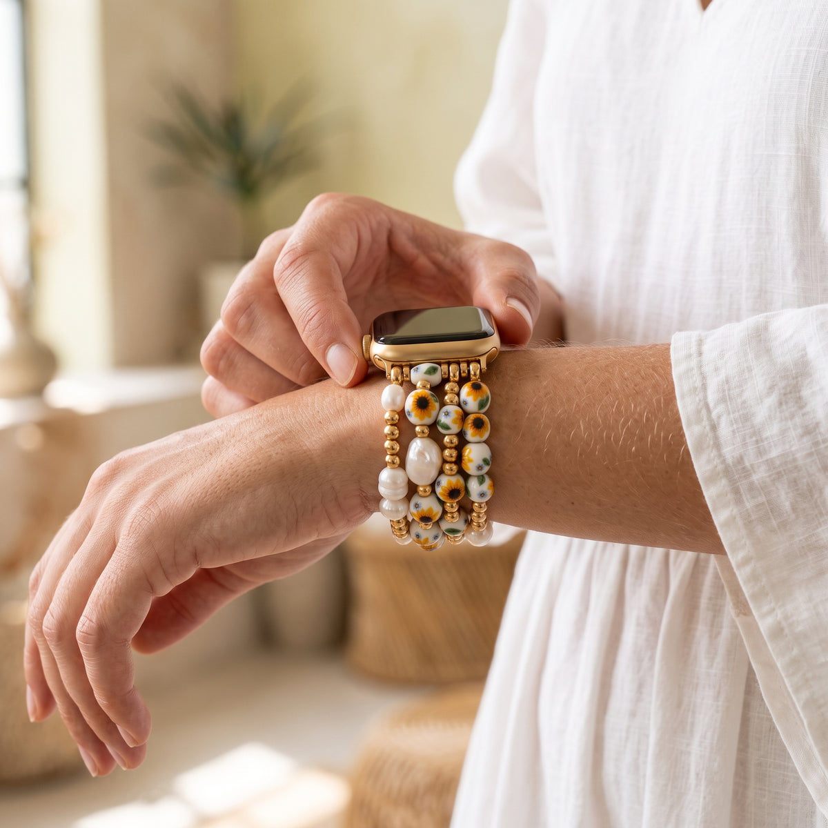 Porcelain-Garten-Sonnenlichtblüten-Armband für die Apple Watch
