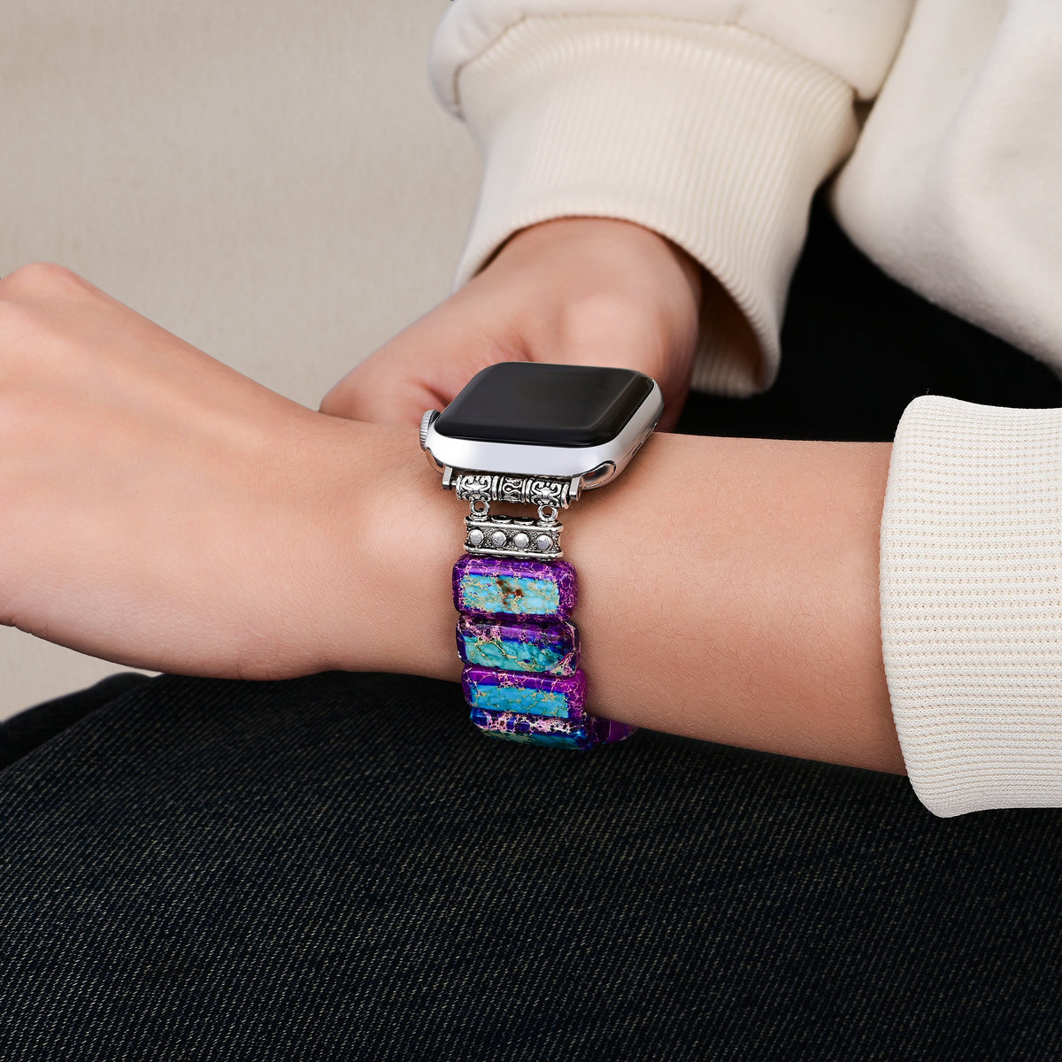Bracelet extensible en jaspe tibétain majestueux pour Apple Watch