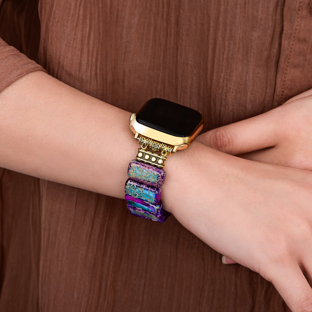 Bracelet extensible en jaspe tibétain majestueux pour Apple Watch