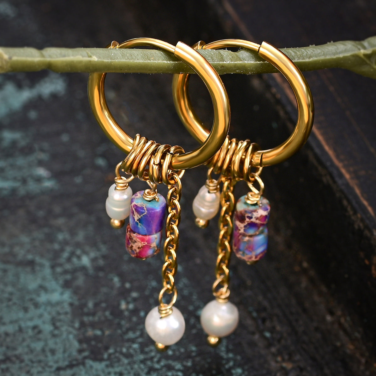 Boucles d'oreilles créoles en perles et agates Golden Grace