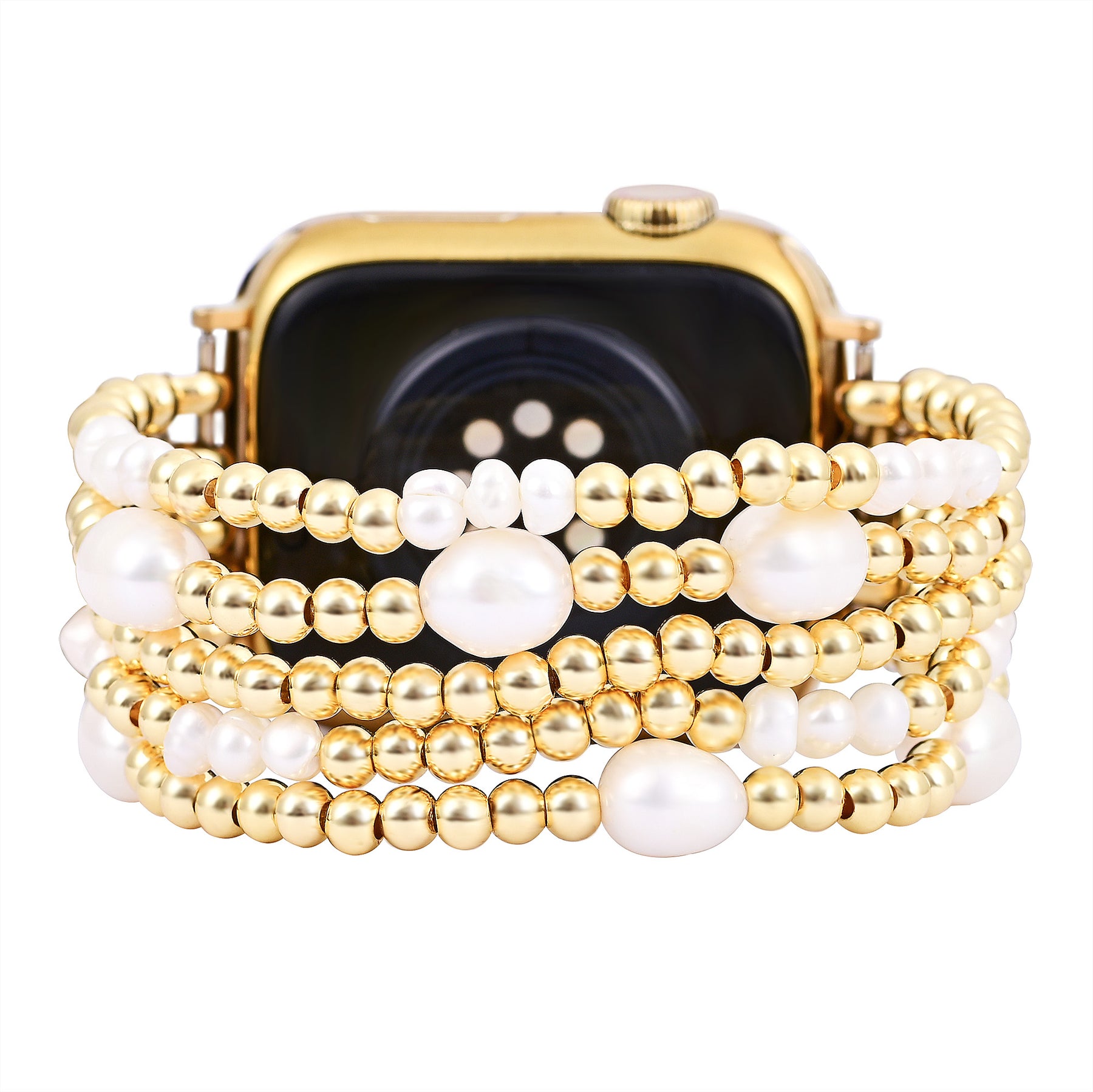 Bracelet Apple Watch extensible en or et en perles