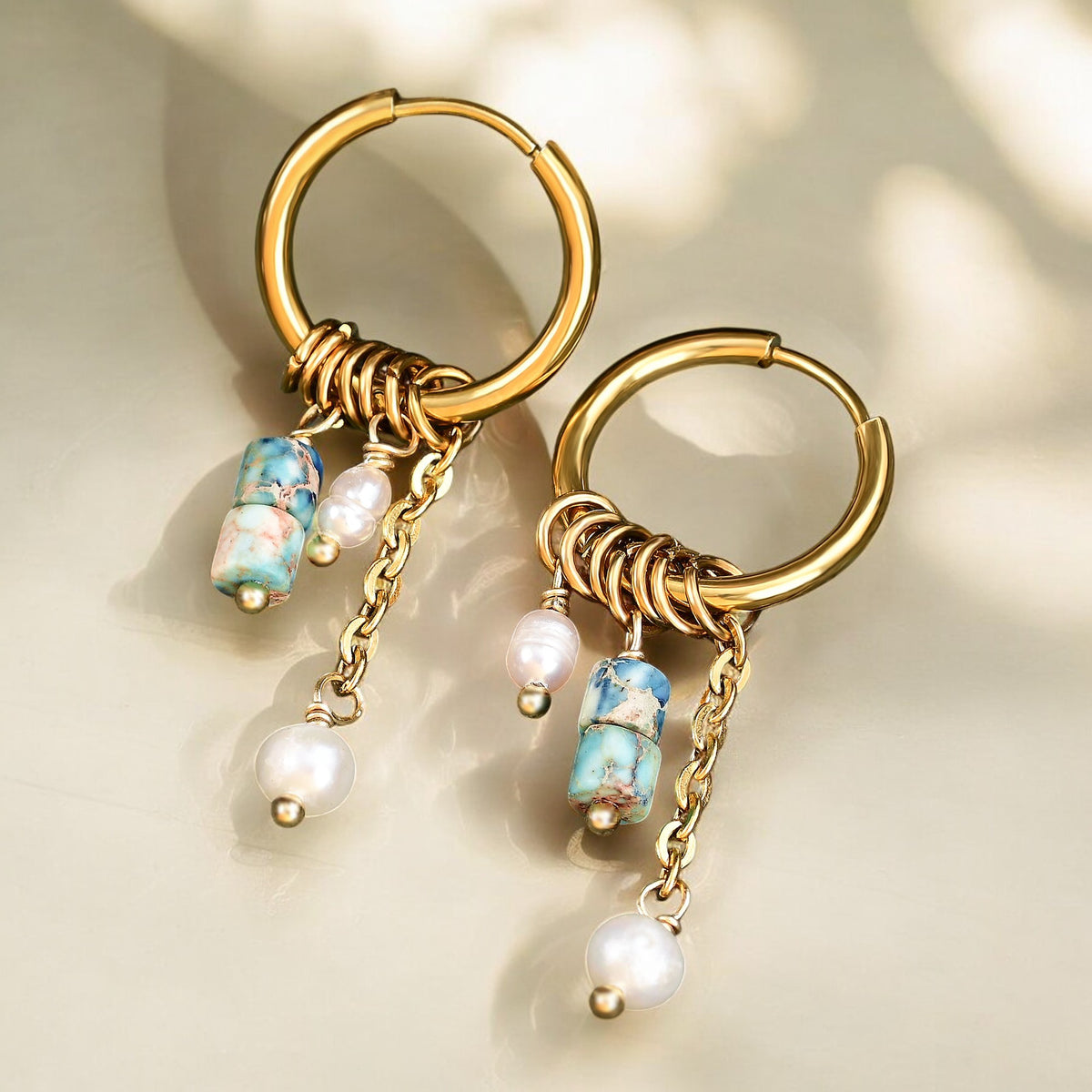 Boucles d'oreilles créoles en perles et agates Golden Grace