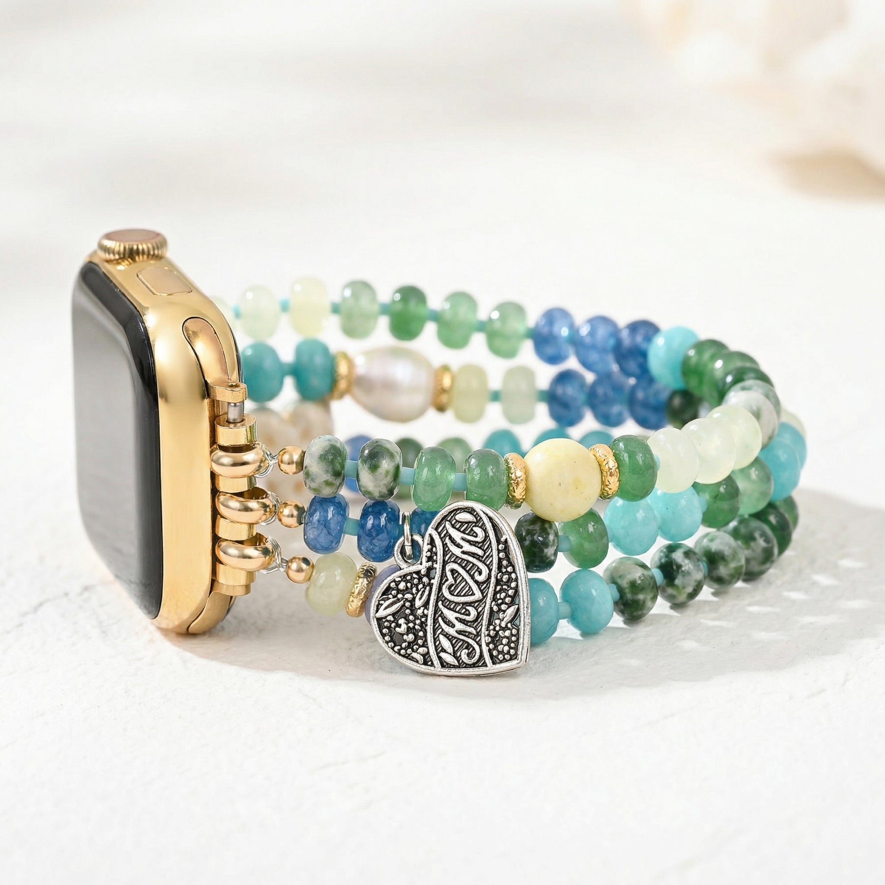 Bracelet extensible Jade Pearl Love MOM pour Apple Watch