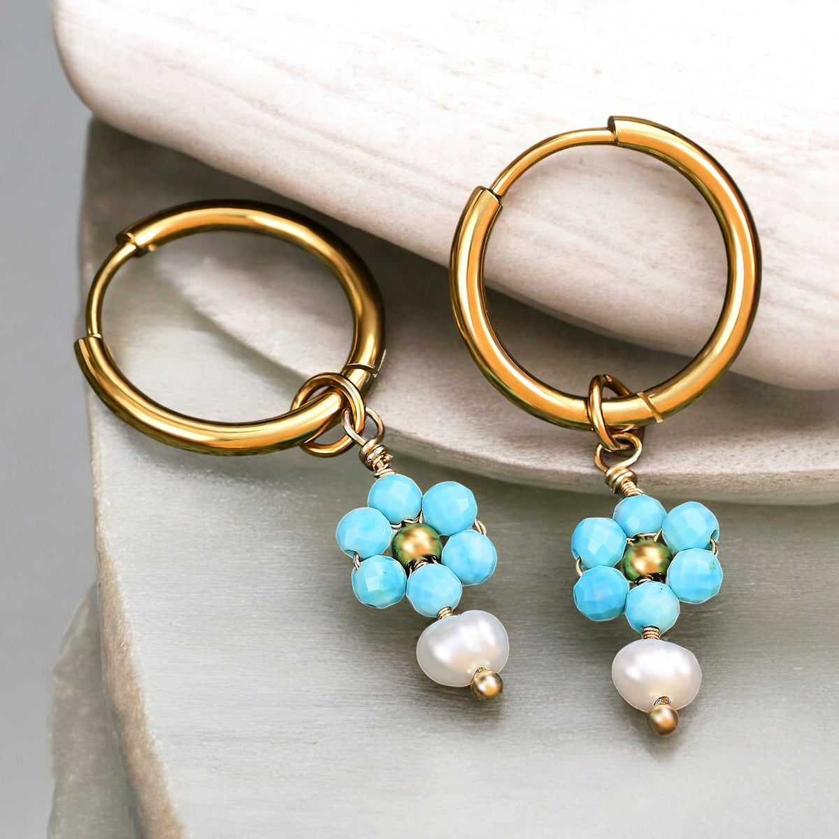 Boucles d'oreilles créoles en perles et agates Golden Grace