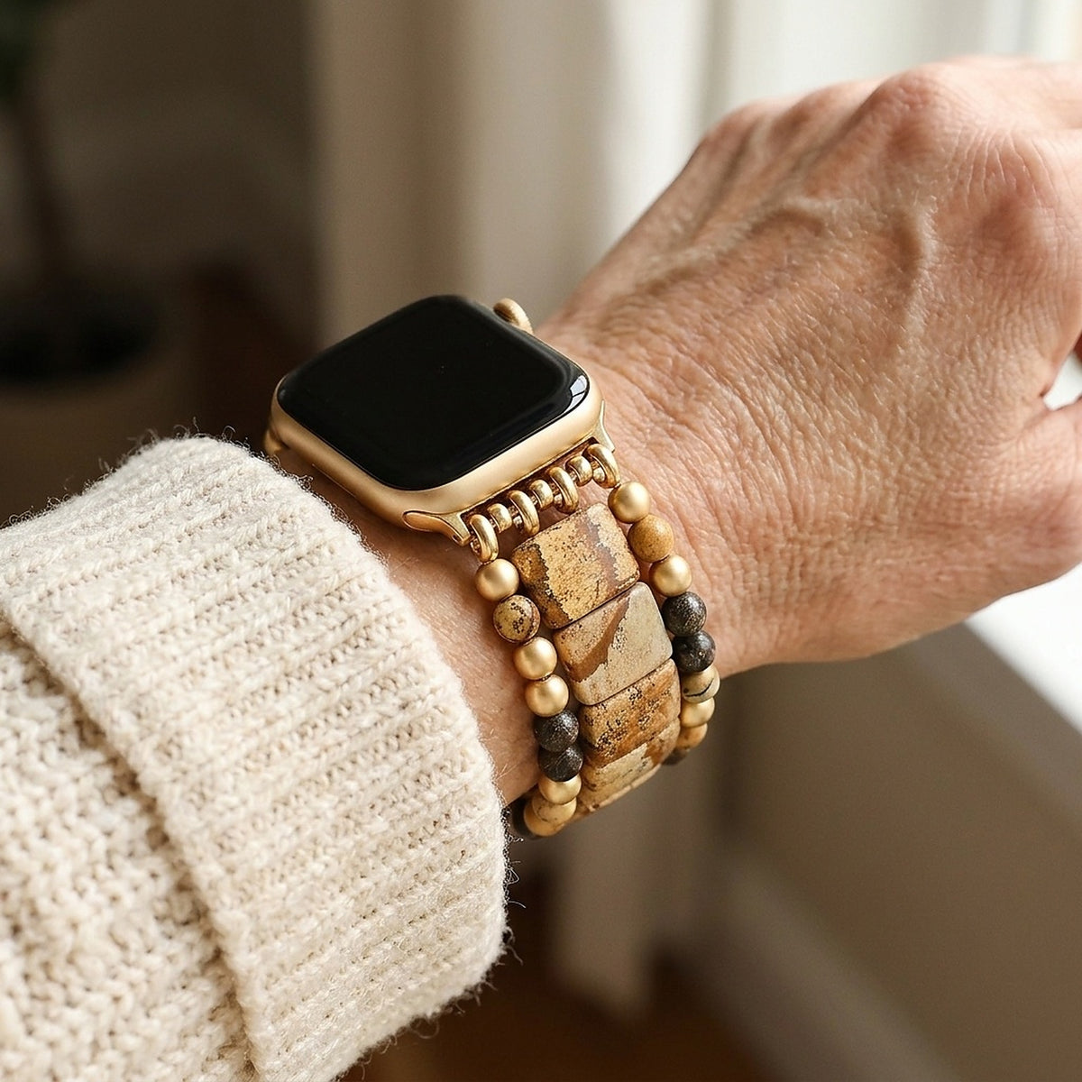 Sacred Ground picture jasper Apple Watch strap worn on the wrist